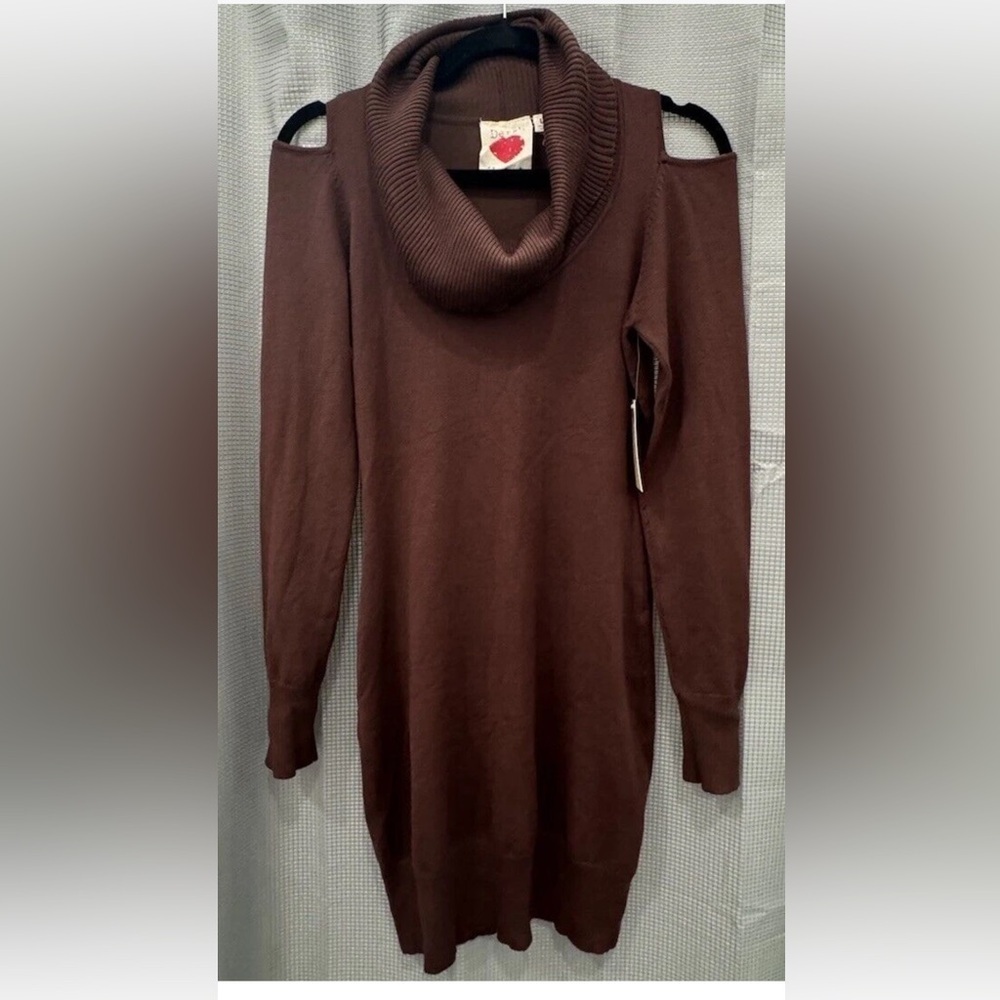 NWT women’s large Brown Sweater Dress Cold Shoulder long Sleeve Cowl Neck fall